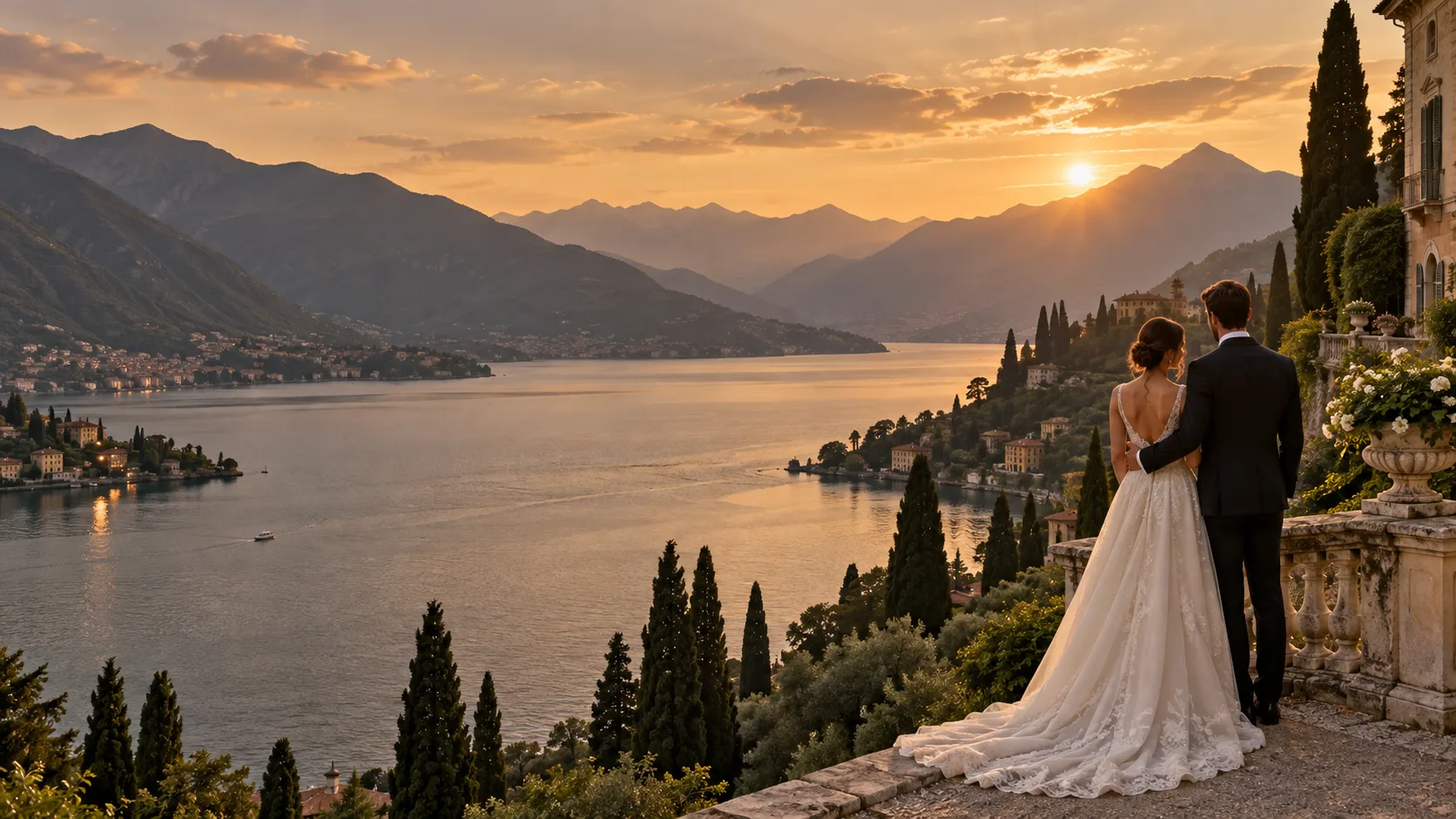 Lake Como wedding terrace at sunset