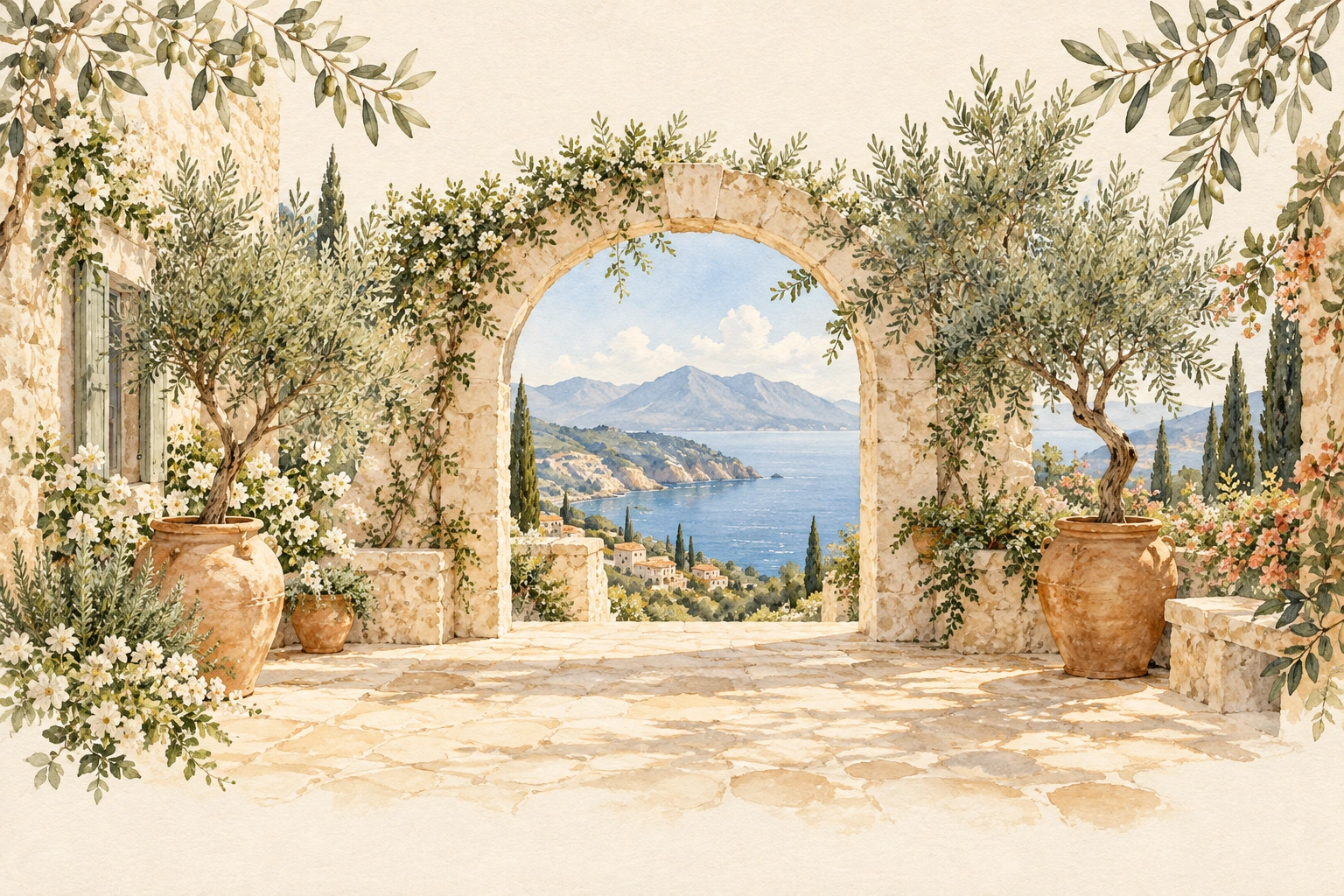 Watercolor Mediterranean courtyard with olive trees and a sea view