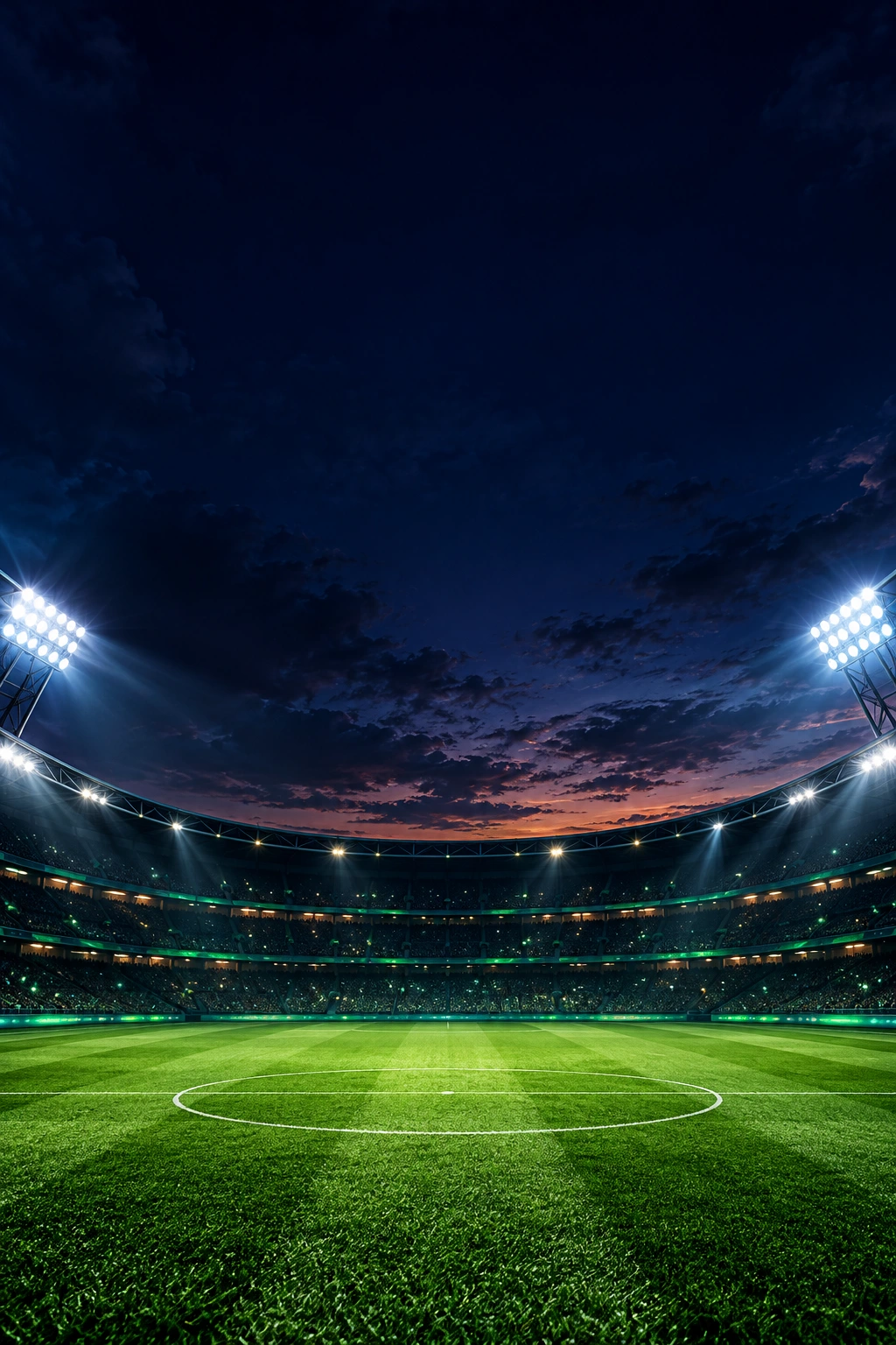 An empty football stadium lit by floodlights above a green pitch