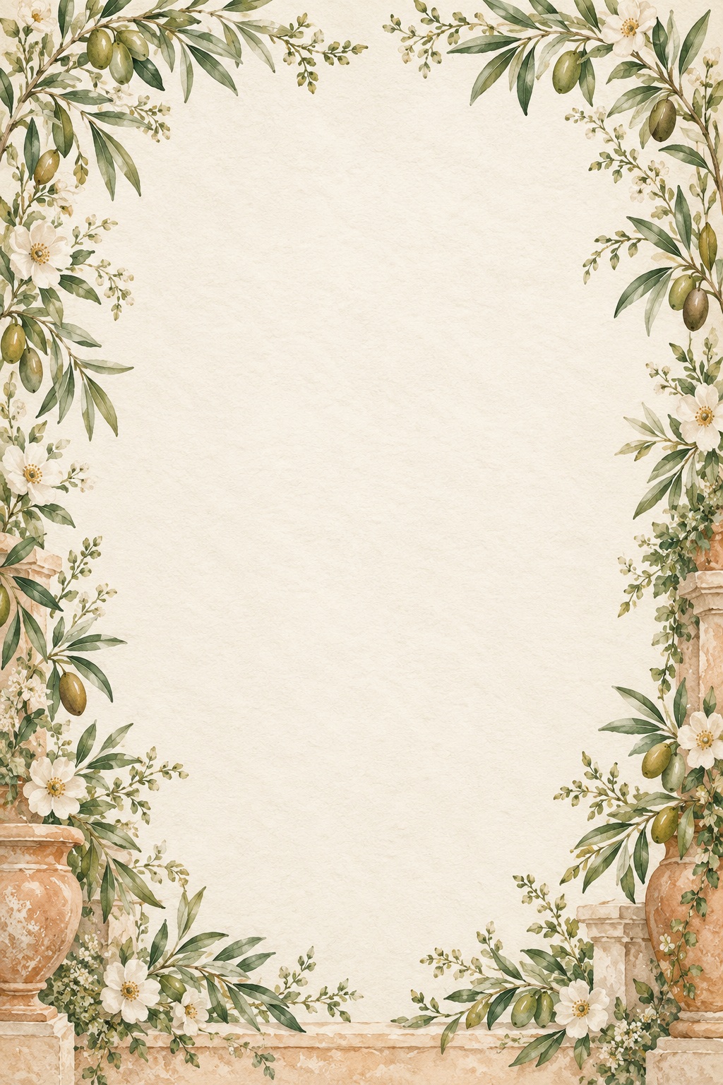 Watercolor olive branches, white flowers and a Mediterranean garden border